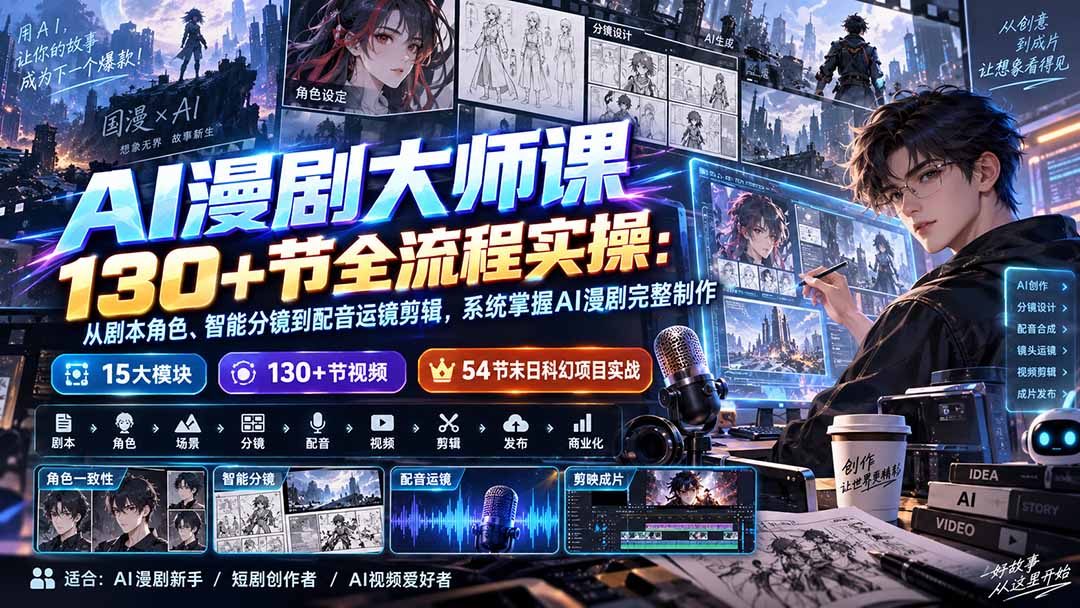 AI漫剧大师课130+节全流程实操:从剧本角色、智能分镜到配音运镜剪辑,系统掌握AI漫剧完整制作-吾爱自习网