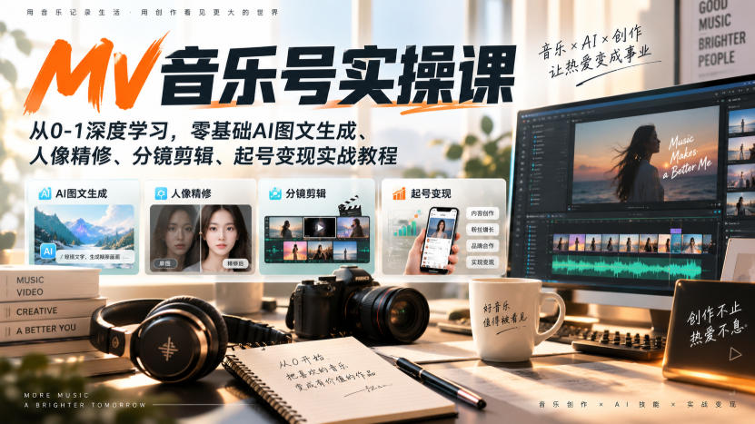 AI MV音乐号实操课,从0-1深度学习,零基础AI图文生成、人像精修、分镜剪辑、起号变现实战教程-旺仔资源库