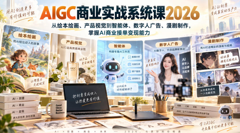 AIGC商业实战系统课2026,从绘本绘画、产品视觉到智能体、数字人广告、漫剧制作,掌握AI商业接单变现能力-旺仔资源库