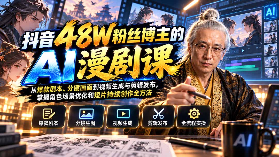 抖音48W粉丝博主的AI漫剧课：从爆款剧本、分镜画面到视频生成与剪辑发布，掌握角色场景优化和短片持续创作全方法-我爱发帖