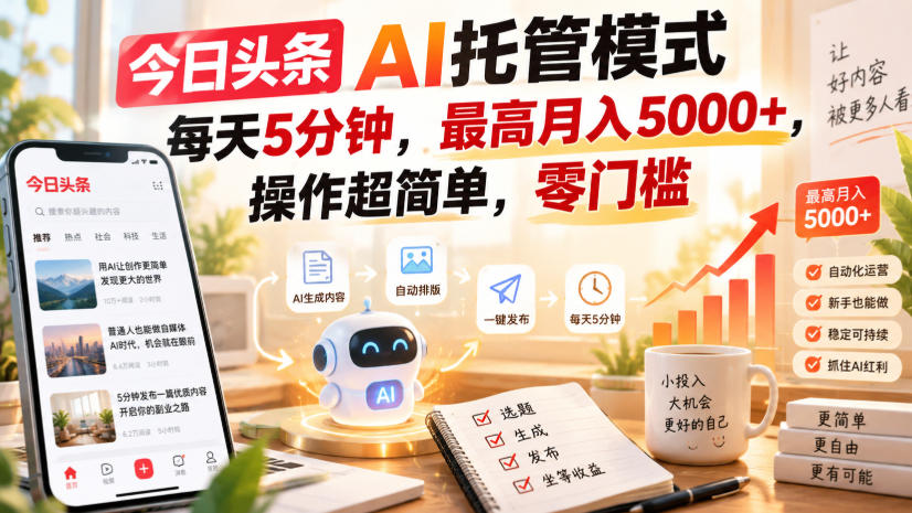 今日头条AI托管模式,每天5分钟,最高月入5000+,操作超简单,零门槛【揭秘】-奉壹网创