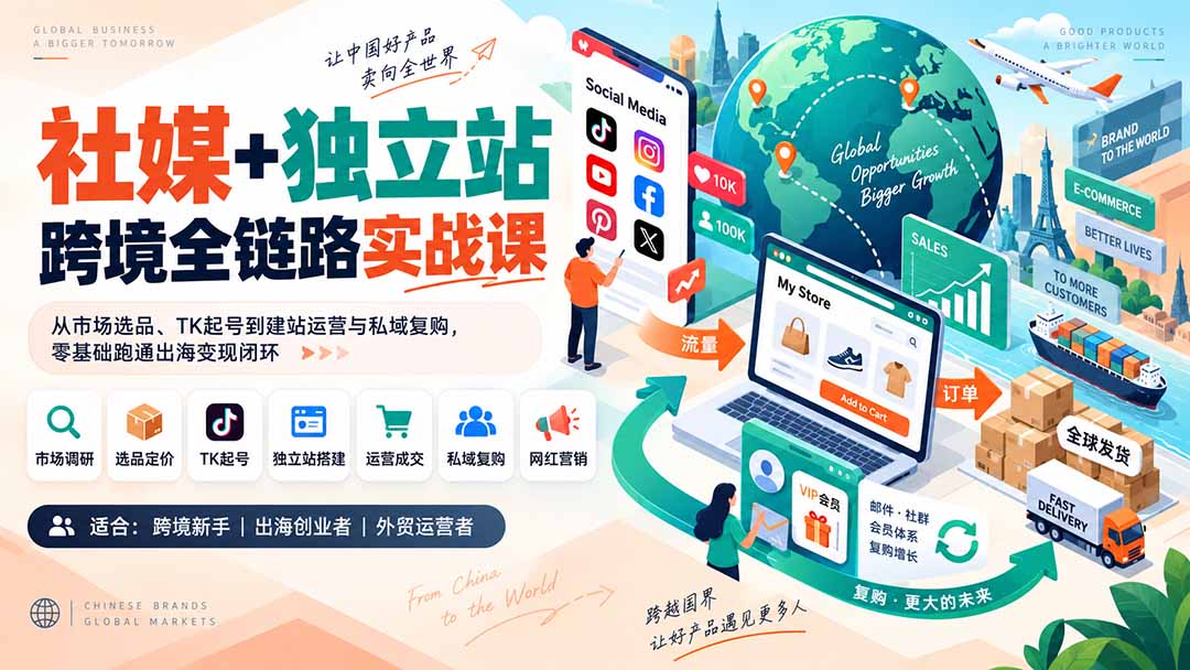 社媒+独立站跨境全链路实战课：从市场选品、TK起号到建站运营与私域复购，零基础跑通出海变现闭环-旺仔资源库