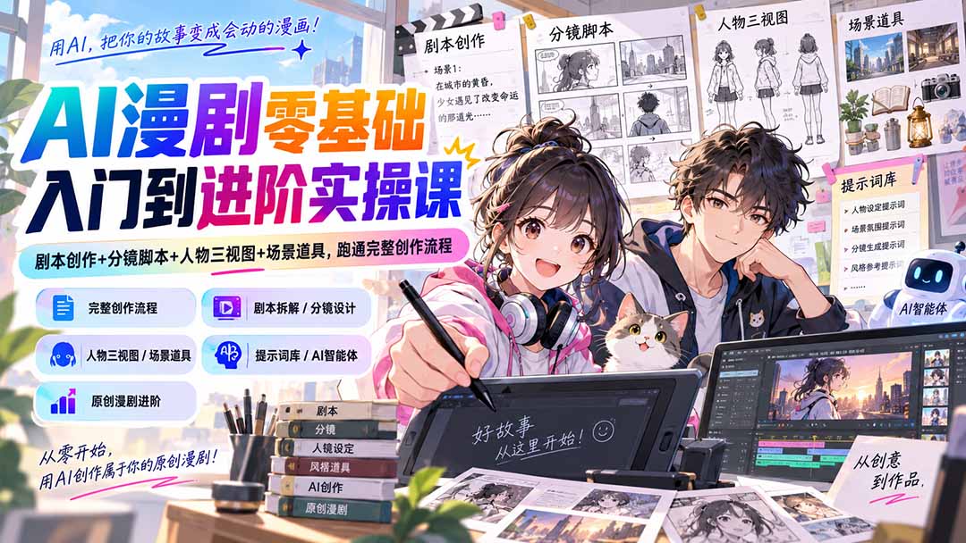 AI漫剧零基础入门到进阶实操课：剧本创作+分镜脚本+人物三视图+场景道具，跑通完整创作流程-我爱发帖