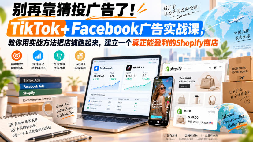 别再靠猜投广告了！TikTok+Facebook广告实战课，教你用实战方法把店铺跑起来，建立一个真正能盈利的Shopify商店【原创双语字幕】-我爱发帖