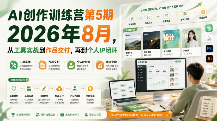 AI创作训练营第5期2026年8月，从工具实战到作品交付，再到个人IP闭环(更新0910)-知梦网创