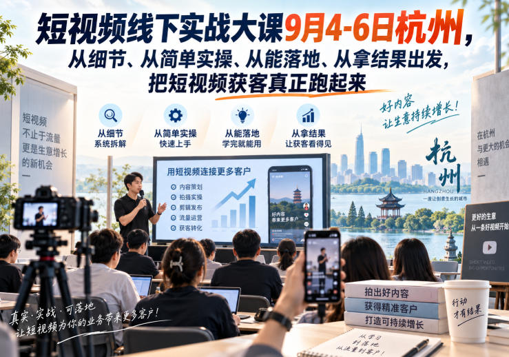 短视频线下实战大课9月4-6日杭州，从细节、从简单实操、从能落地、从拿结果出发，把短视频获客真正跑起来-我爱发帖