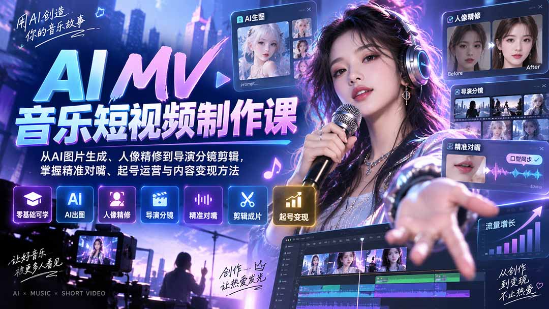 AI MV音乐短视频制作课：从AI图片生成、人像精修到导演分镜剪辑，掌握精准对嘴、起号运营与内容变现方法-我爱发帖