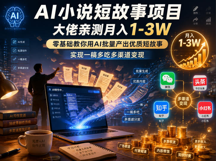 AI小说短故事项目，大佬亲测月入1-3W，零基础教你用AI批量产出优质短故事，实现一稿多吃多渠道变现(更新0910)-知梦网创