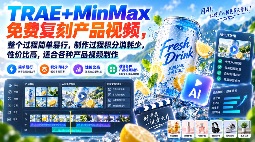 TRAE+MinMax免费复刻产品视频，整个过程简单易行，制作过程积分消耗少，性价比高，适合各种产品视频制作-我爱发帖
