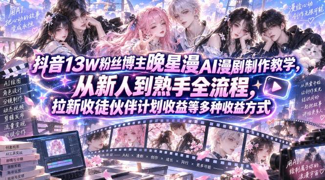 抖音13W粉丝博主晚星漫AI漫剧制作教学，从新人到熟手全流程，拉新收徒伙伴计划收益等多种收益方式，单日1K+-我爱发帖