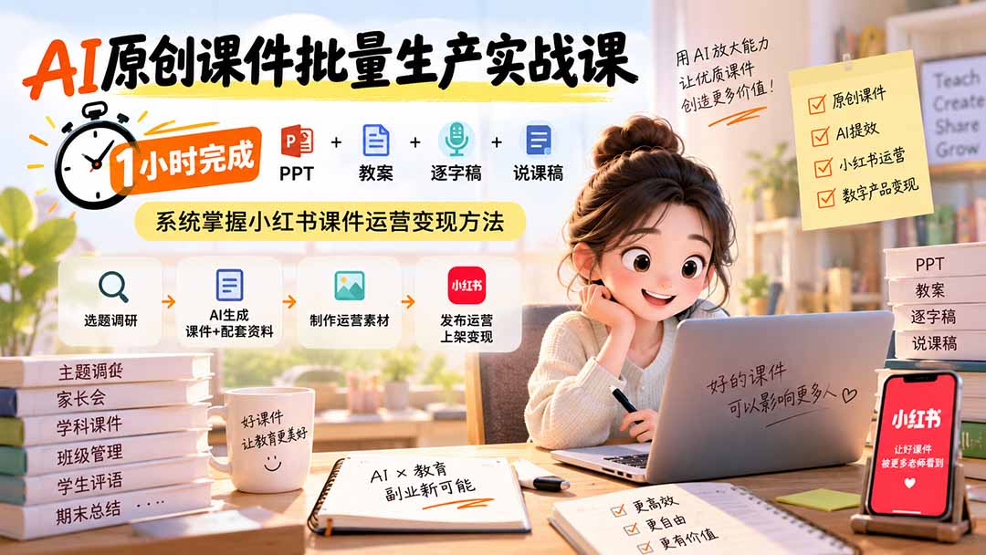 AI原创课件批量生产实战课：1小时完成PPT+教案+逐字稿+说课稿，系统掌握小红书课件运营变现方法-我爱发帖
