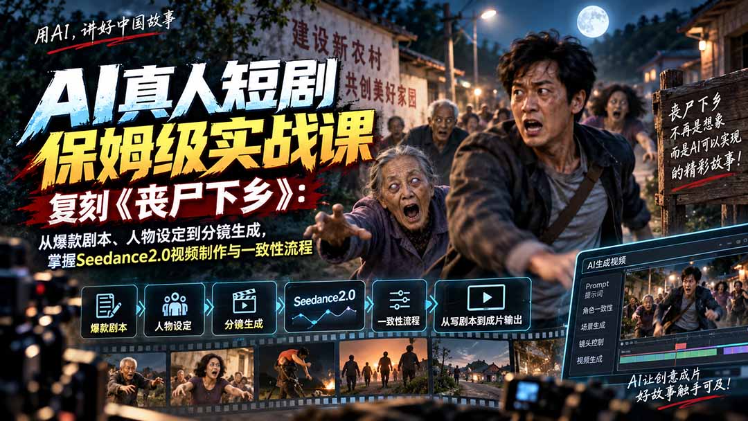 AI真人短剧保姆级实战课，复刻《丧尸下乡》：从爆款剧本、人物设定到分镜生成，掌握Seedance2.0视频制作与一致性流程-我爱发帖
