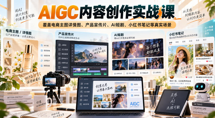 AIGC内容创作实战课，覆盖电商主图详情图、产品宣传片、AI短剧、小红书笔记等真实场景-我爱发帖