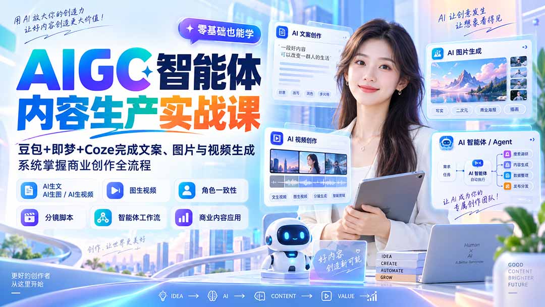 AIGC智能体内容生产实战课：豆包+即梦+Coze完成文案、图片与视频生成，系统掌握商业创作全流程-知梦网创