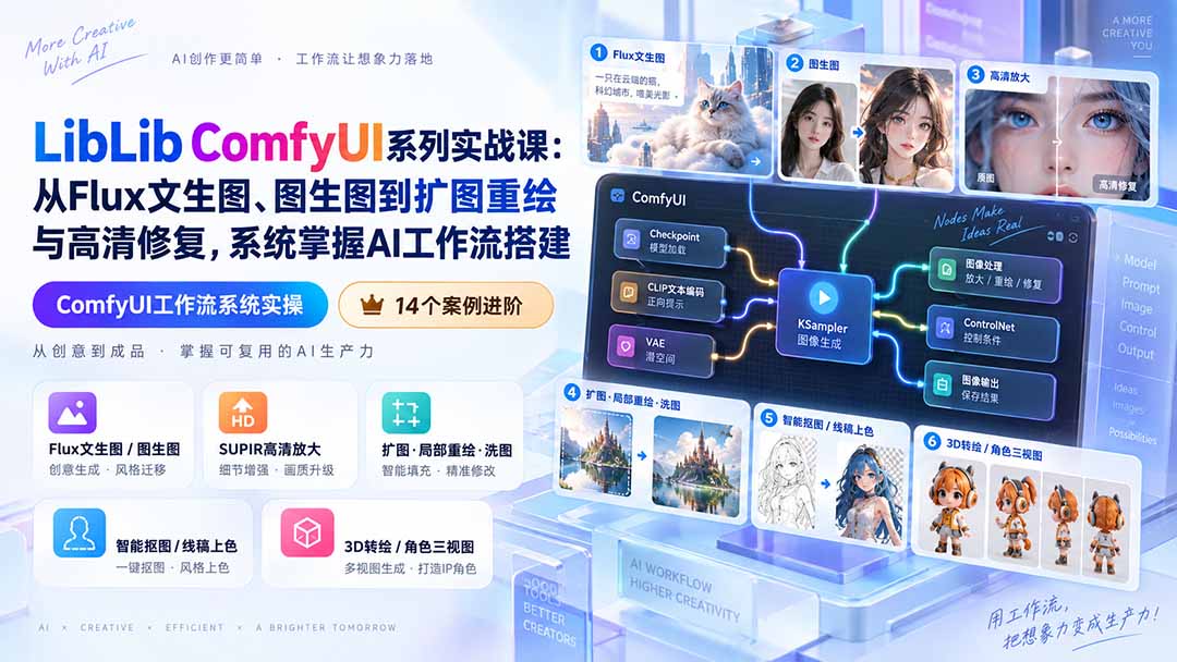 LibLib ComfyUI系列实战课：从Flux文生图、图生图到扩图重绘与高清修复，系统掌握AI工作流搭建-我爱发帖