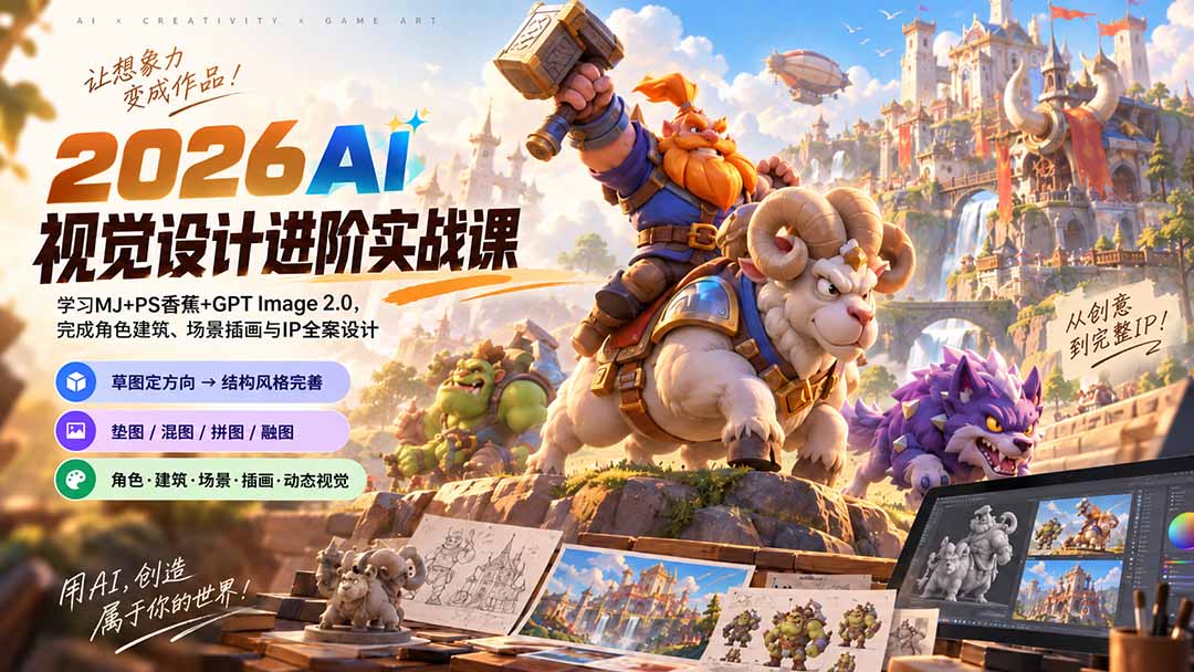 2026AI视觉设计进阶实战课-更新：学习MJ+PS香蕉+GPT Image 2.0，完成角色建筑、场景插画与IP全案设计汇通分享-分享轻创项目-网络创业-项目实操-兼职-网赚-副业-抖音-快手-小红书-闲鱼-视频号-直播-短视频-中视频-带货-短剧-游戏搬砖-引流等教程课程分享汇通分享