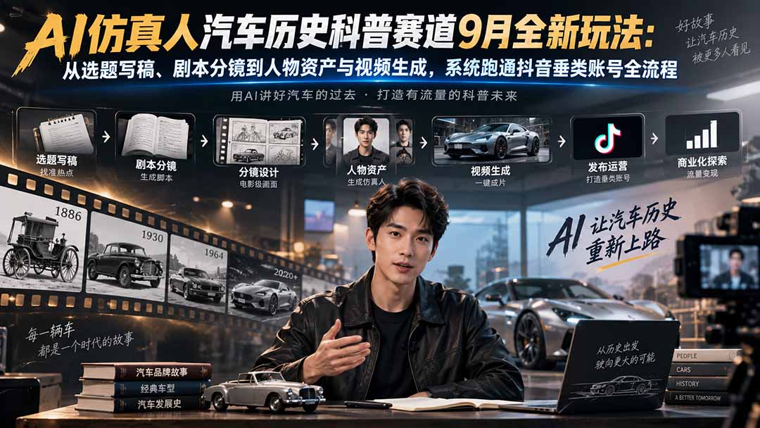 AI仿真人汽车历史科普赛道9月全新玩法：从选题写稿、剧本分镜到人物资产与视频生成，系统跑通抖音垂类账号全流程-我爱发帖