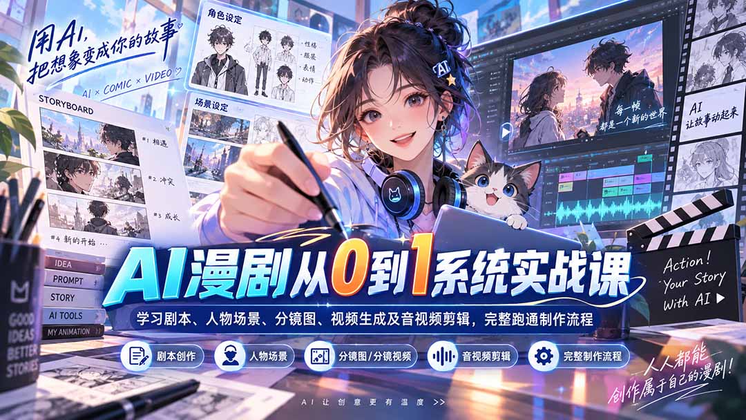 AI漫剧从0到1系统实战课：学习剧本、人物场景、分镜图、视频生成及音视频剪辑，完整跑通制作流程｜焦圣希 18818568866
