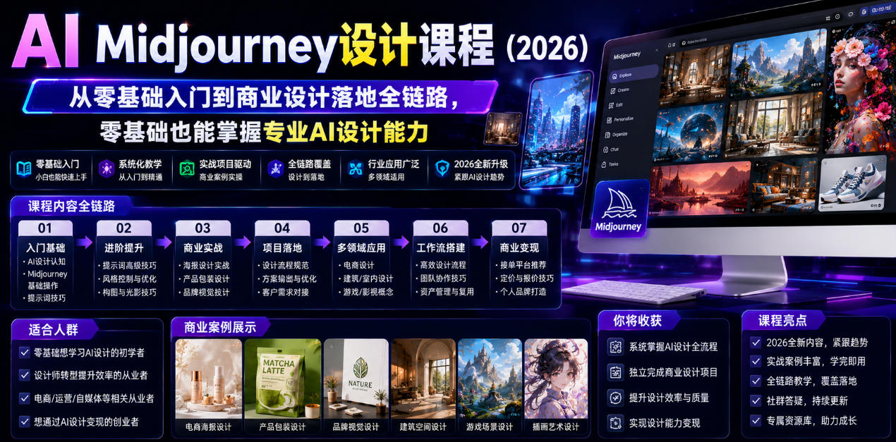 AI Midjourney设计课程(2026)，从零基础入门到商业设计落地全链路，零基础也能掌握专业AI设计能力(更新0913)-吾爱自习网