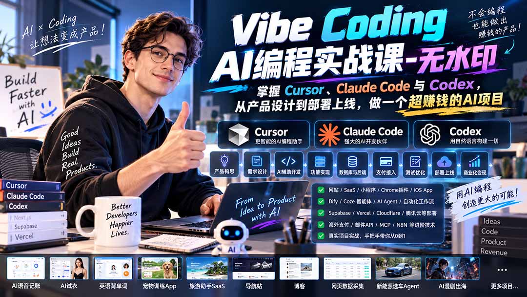 Vibe Coding AI编程实战课-无水印：掌握Cursor、Claude Code与Codex，从产品设计到部署上线，做一个超赚钱的AI项目-网赚项目平台