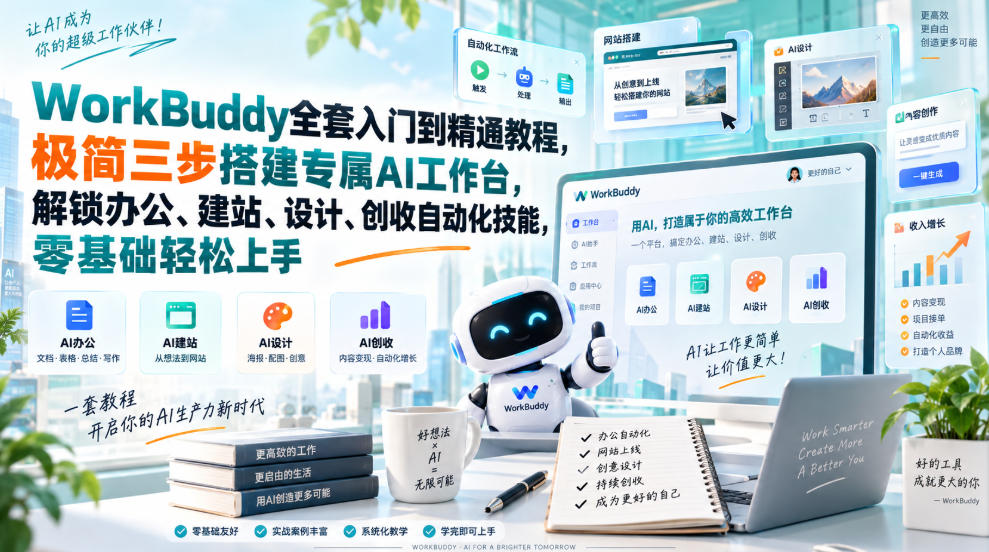 WorkBuddy全套入门到精通教程，极简三步搭建专属AI工作台，解锁办公、建站、设计、创收自动化技能，零基础轻松上手-我爱发帖