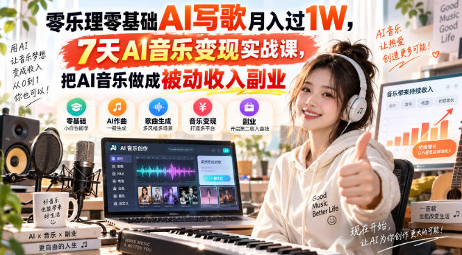 零乐理零基础AI写歌月入过1W，7天AI音乐变现实战课，把AI音乐做成被动收入副业-我爱发帖