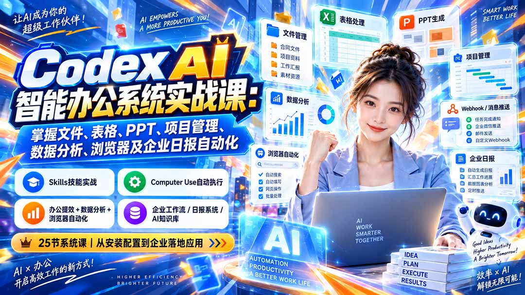 Codex AI智能办公系统实战课：掌握文件、表格、PPT、项目管理、数据分析、浏览器及企业日报自动化-我爱发帖