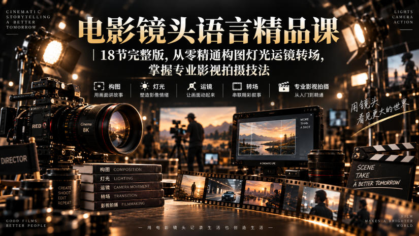 电影镜头语言精品课｜18节完整版，从零精通构图灯光运镜转场，掌握专业影视拍摄技法汇通分享-分享轻创项目-网络创业-项目实操-兼职-网赚-副业-抖音-快手-小红书-闲鱼-视频号-直播-短视频-中视频-带货-短剧-游戏搬砖-引流等教程课程分享汇通分享