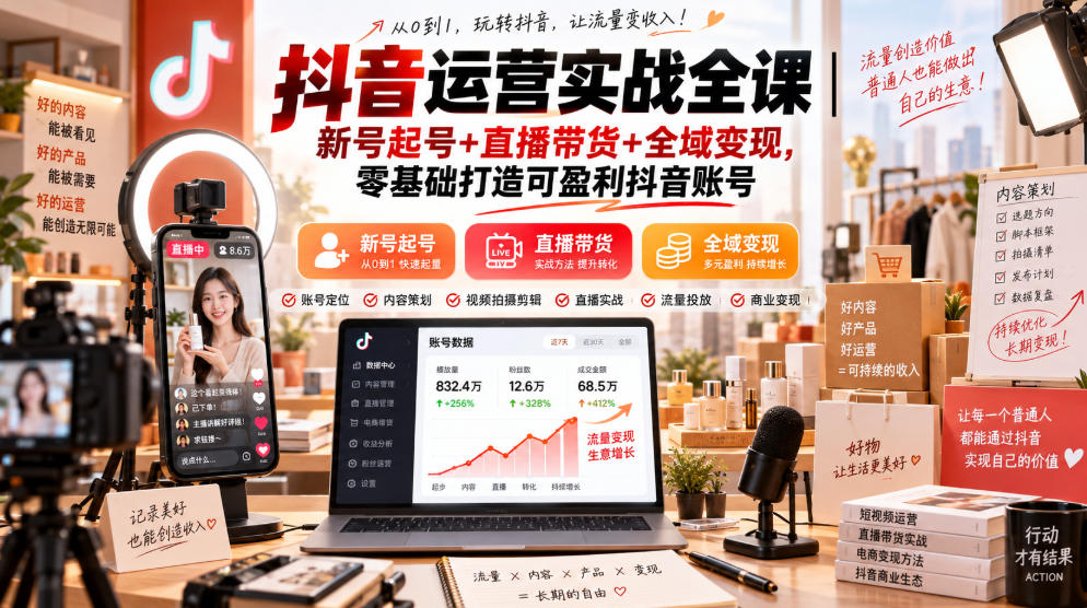 抖音运营实战全课｜新号起号+直播带货+全域变现，零基础打造可盈利抖音账号汇通分享-分享轻创项目-网络创业-项目实操-兼职-网赚-副业-抖音-快手-小红书-闲鱼-视频号-直播-短视频-中视频-带货-短剧-游戏搬砖-引流等教程课程分享汇通分享