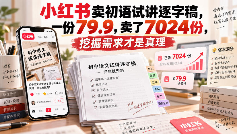小红书卖初语试讲逐字稿，一份79.9，卖了7024份，挖掘需求才是真理