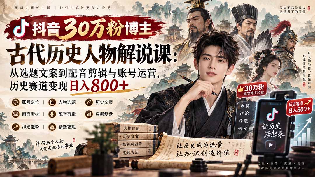抖音30万粉博主古代历史人物解说课：从选题文案到配音剪辑与账号运营，历史赛道变现日入800+-我爱发帖