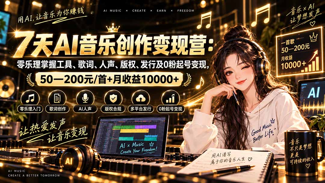 AI音乐创作变现营：零乐理掌握工具、歌词、人声、版权、发行及0粉起号变现，50—200元/首+月收益10000+-我爱发帖