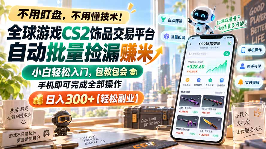 全球游戏CS2饰品交易平台自动批量捡漏赚米，小白轻松入门，包教包会，手机即可完成全部操作，日入300+【轻松副业】｜焦圣希 18818568866