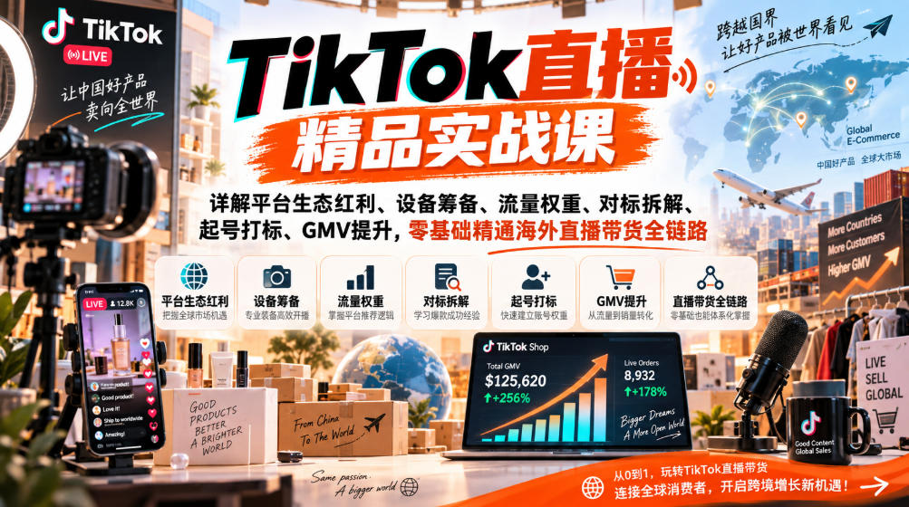 TikTok直播精品实战课，详解平台生态红利、设备筹备、流量权重、对标拆解、起号打标、GMV提升，零基础精通海外直播带货全链路｜焦圣希 18818568866