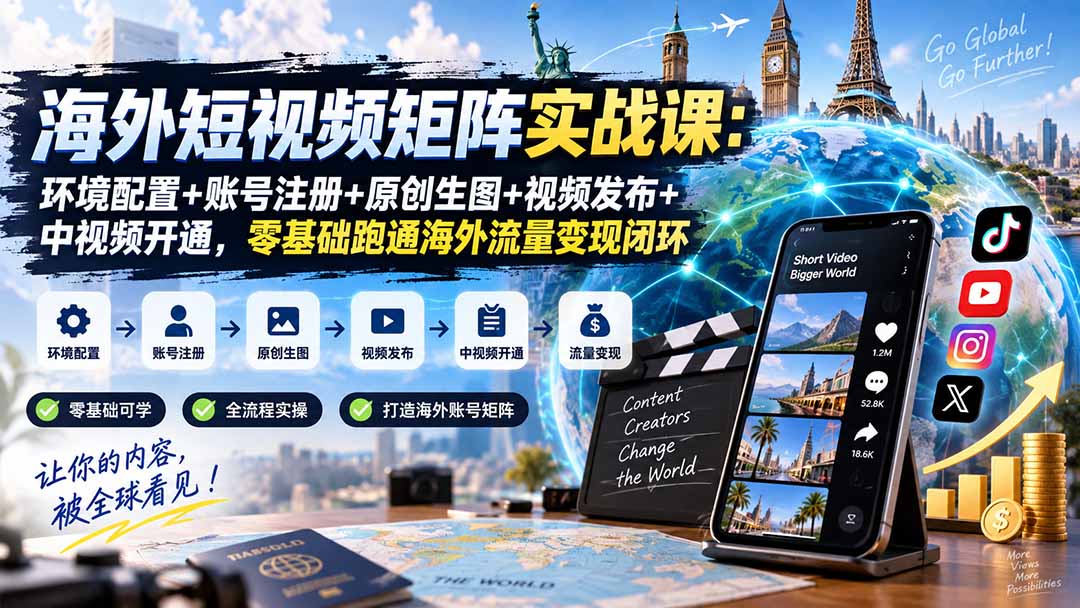 海外短视频矩阵实战课：环境配置+账号注册+原创生图+视频发布+中视频开通，零基础跑通海外流量变现闭环｜焦圣希 18818568866