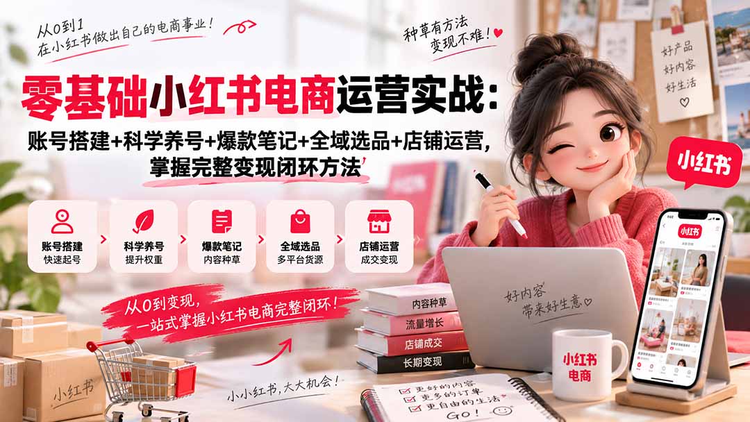 零基础小红书电商运营实战：账号搭建+科学养号+爆款笔记+全域选品+店铺运营，掌握完整变现闭环方法-我爱发帖