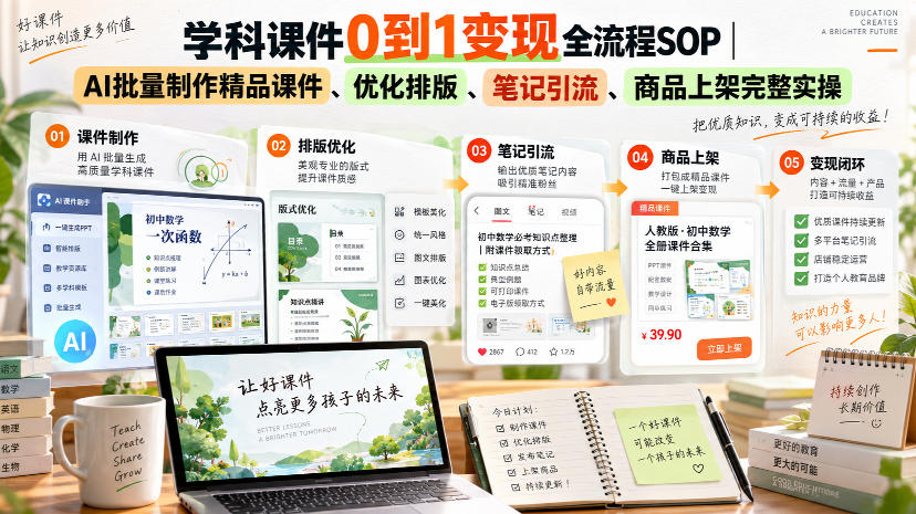 学科课件0到1变现全流程SOP｜AI批量制作精品课件、优化排版、笔记引流、商品上架完整实操​-喜学网