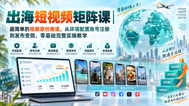 出海短视频矩阵课｜超简单的视频原创赛道，从环境配置账号注册到发布变现，零基础完整实操教学-我爱发帖