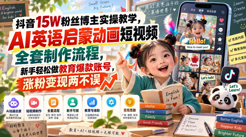 抖音15W粉丝博主实操教学，AI英语启蒙动画短视频全套制作流程，新手轻松做教育爆款账号，涨粉变现两不误｜焦圣希 18818568866