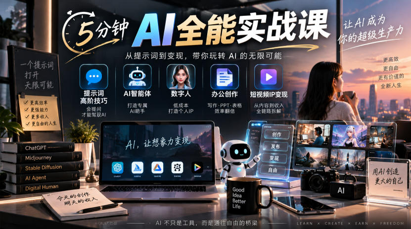 5分钟AI全能实战课|提示词高阶技巧+AI智能体+数字人+办公创作+短视频IP变现全教程-我爱发帖