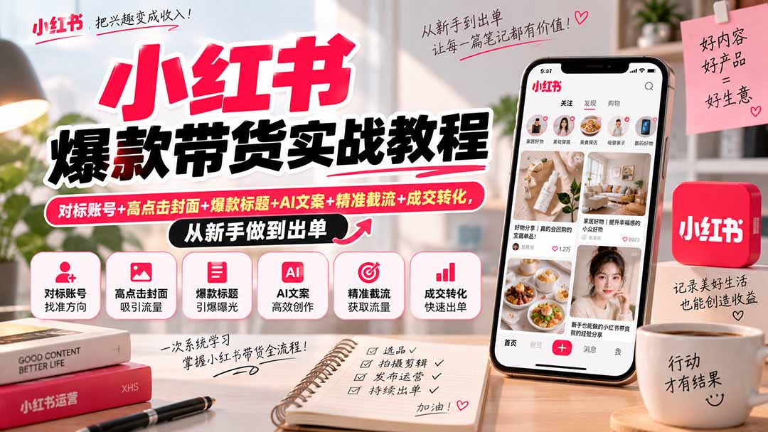 小红书爆款带货实战教程|对标账号+高点击封面+爆款标题+AI文案+精准截流+成交转化,从新手做到出单-星火轻创