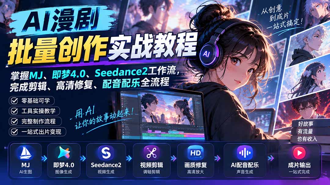 AI漫剧批量创作实战教程:掌握MJ、即梦4.0、Seedance2工作流,完成剪辑、高清修复、配音配乐全流程-我爱发帖