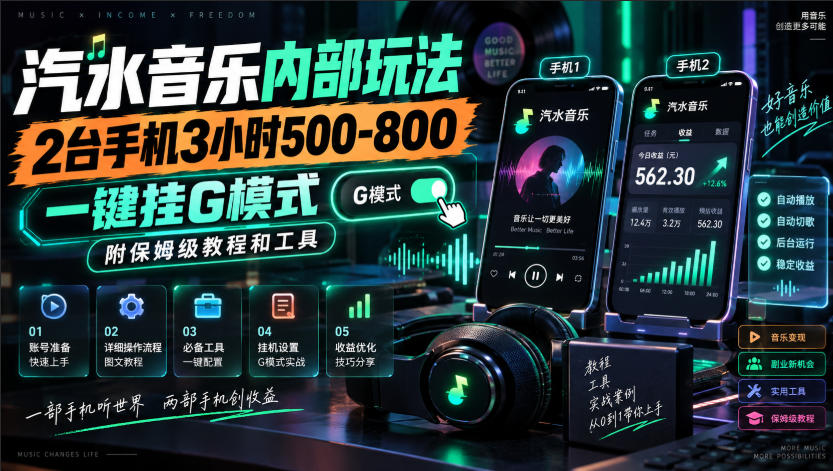 汽水音乐内部玩法,2台手机3小时500-800,一键挂G模式,附保姆级教程和工具【揭秘】-我爱发帖