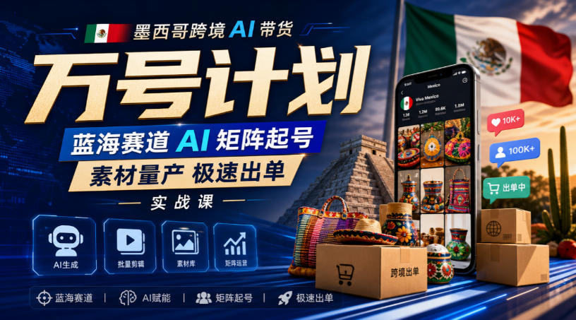 墨西哥跨境AI带货万号计划，蓝海赛道AI矩阵起号，素材量产极速出单实战课-皮皮网创