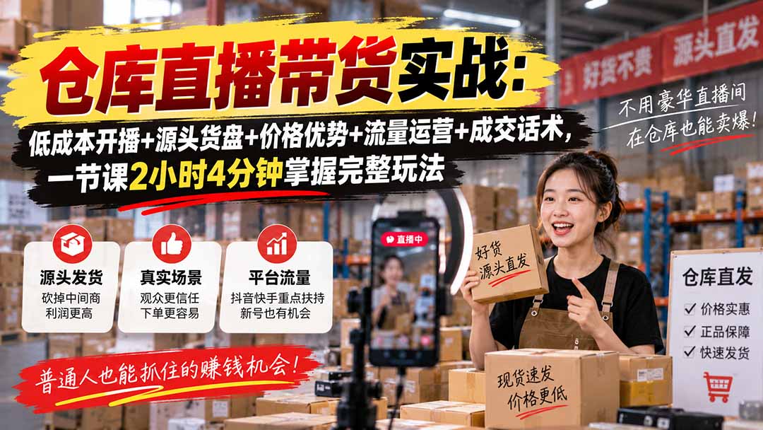 仓库直播带货实战:低成本开播+源头货盘+价格优势+流量运营+成交话术,一节课2小时4分钟掌握完整玩法-我爱发帖