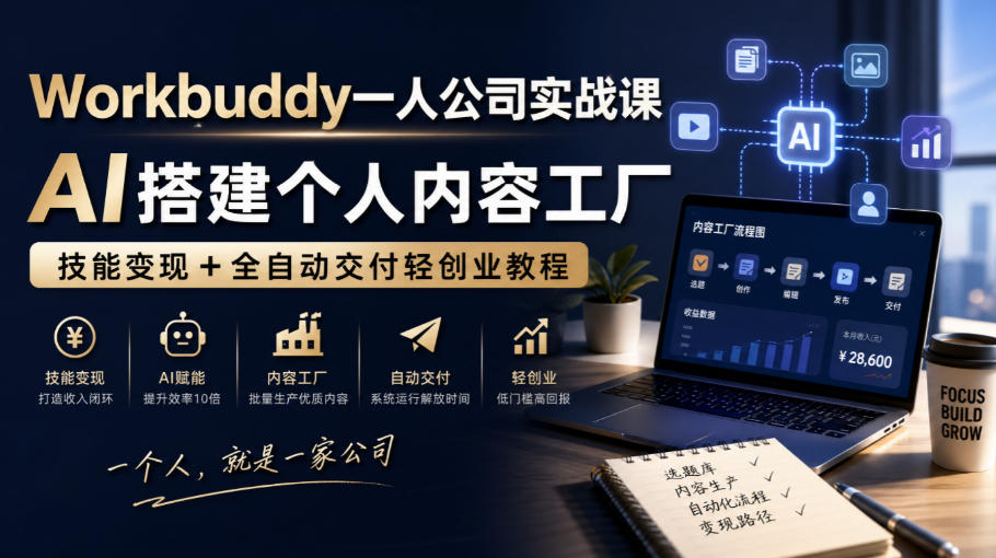 Workbuddy一人公司实战课,AI搭建个人内容工厂,技能变现+全自动交付轻创业教程-我爱发帖