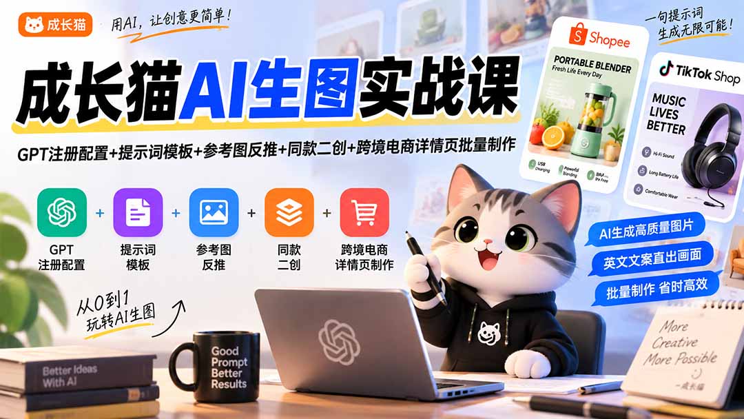 成长猫AI生图实战课｜GPT注册配置+提示词模板+参考图反推+同款二创+跨境电商详情页批量制作｜焦圣希 18818568866