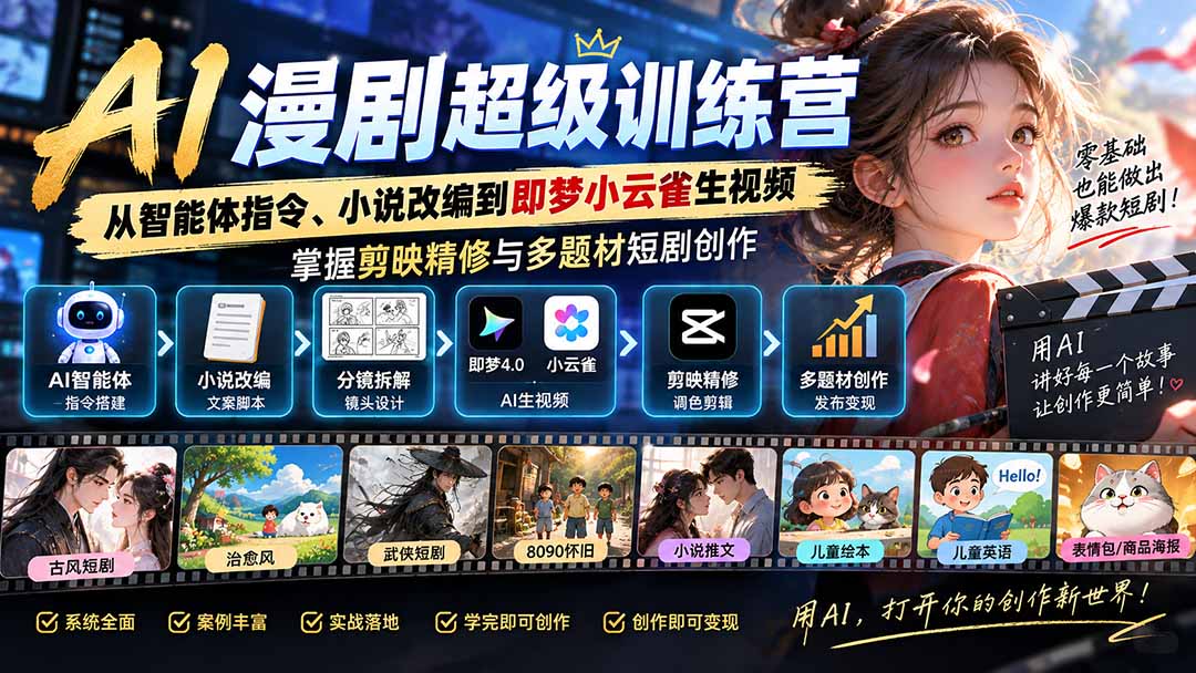 AI漫剧超级特训营：从智能体指令、小说改编到即梦小云雀生视频，掌握剪映精修与多题材短剧创作-我爱发帖