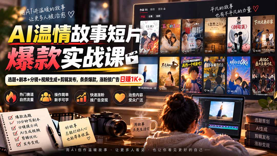 AI温情故事短片爆款实战课-更新|选题+剧本+分镜+视频生成+剪辑发布,条条爆款,涨粉接广告日赚1K+-星火轻创
