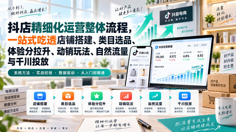 李哥电商-抖店精细化运营整体流程,一站式吃透店铺搭建、类目选品、体验分拉升、动销玩法、自然流量与千川投放-我爱发帖
